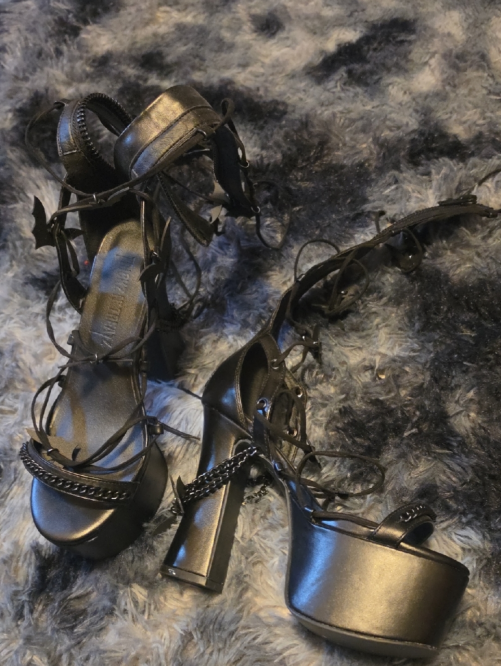 Black Lace-Up Platform Heeled Sandals With Bats